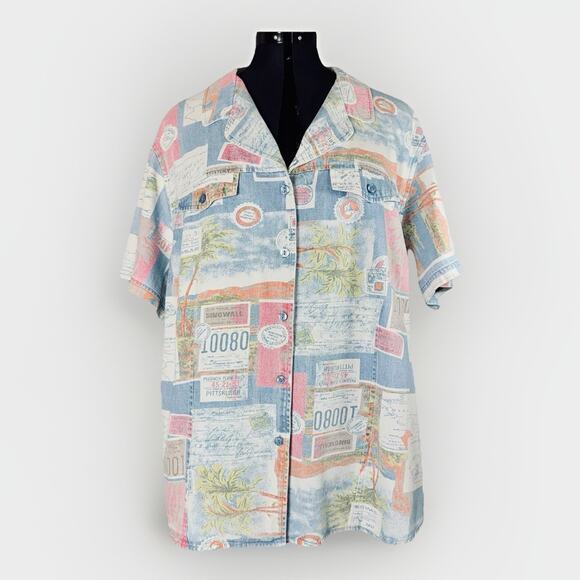 VTG Sag Harbor 2X Short Sleeve Retro Travel Postcard Print Button Shirt Collared - Picture 1 of 5